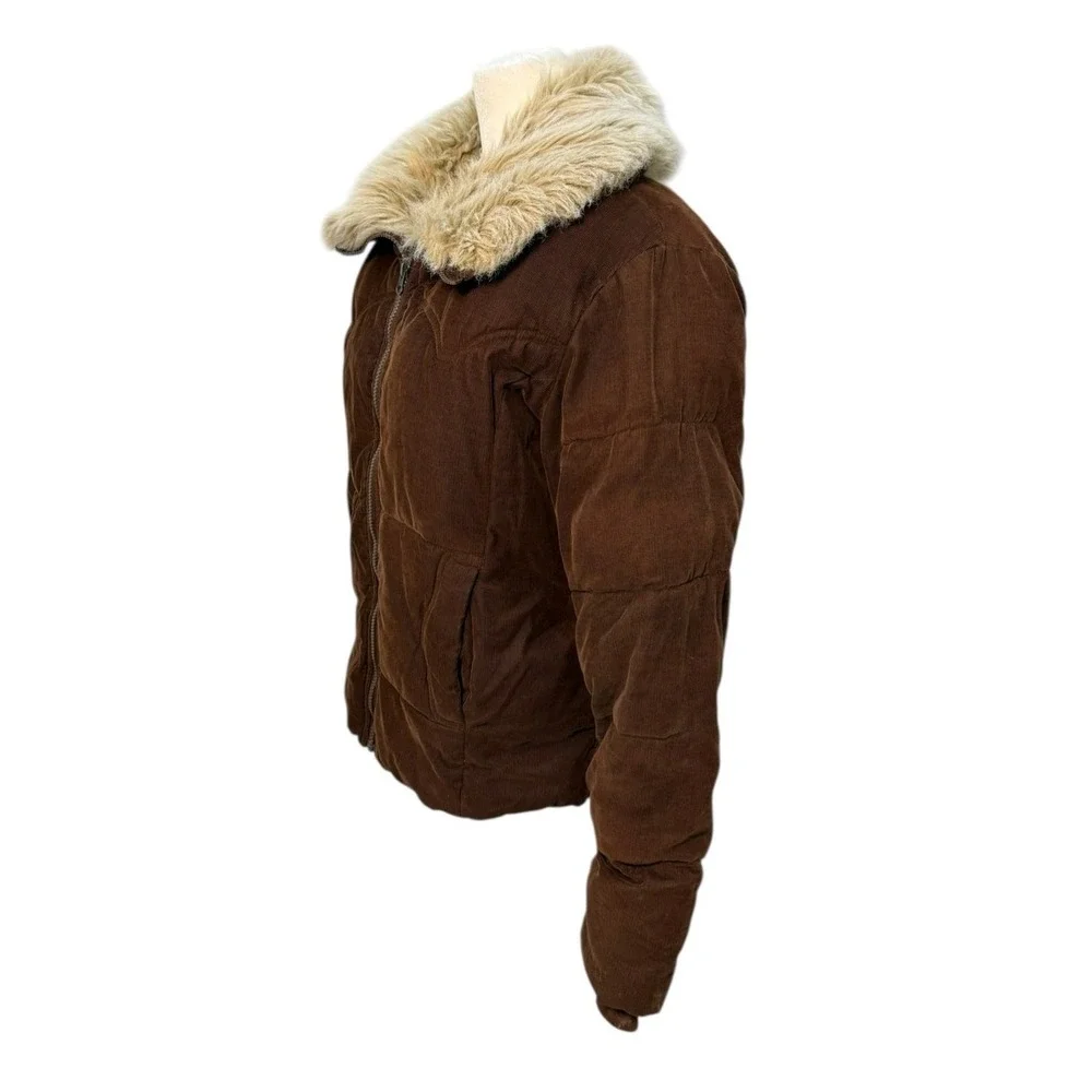 Vintage Y2K Corduroy Puffer Jacket Faux Fur Coat Women XL Chocolate Brown Sherpa